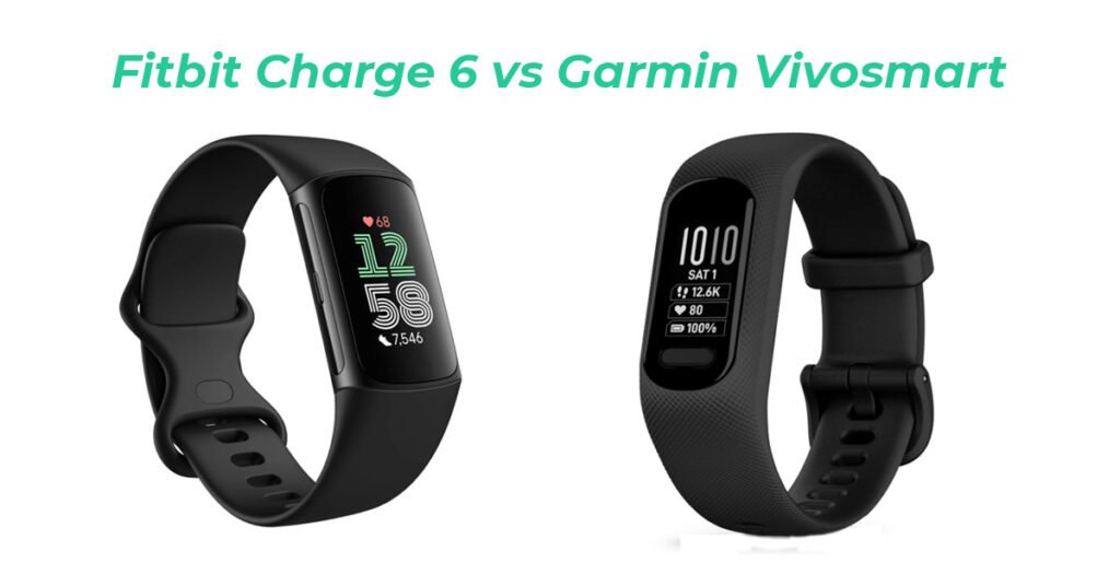 Side-by-side comparison of Fitbit Charge 6 and Garmin Vivosmart fitness trackers showing design differences